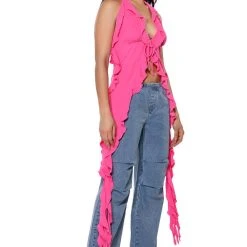 AZARI RUFFLED HIGH LOW SLEEVELESS BLOUSE -helmut shop azari ruffled high low sleeveless blouse pink 2 2
