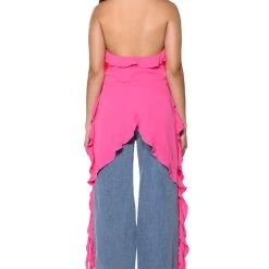 AZARI RUFFLED HIGH LOW SLEEVELESS BLOUSE -helmut shop azari ruffled high low sleeveless blouse pink 4 4