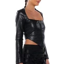 BADDIE FAUX LEATHER SQUARE NECK ZIP FRONT TOP -helmut shop baddie faux leather square neck zip front top black 2 2