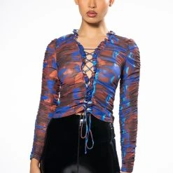 BERRY DRIP RUCHED LACE UP LONG SLEEVE MESH TOP -helmut shop berry drip ruched lace up long sleeve mesh top blue multi 3 3