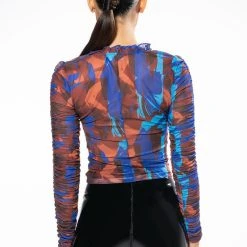 BERRY DRIP RUCHED LACE UP LONG SLEEVE MESH TOP -helmut shop berry drip ruched lace up long sleeve mesh top blue multi 5 5