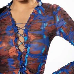 BERRY DRIP RUCHED LACE UP LONG SLEEVE MESH TOP -helmut shop berry drip ruched lace up long sleeve mesh top blue multi 6 6