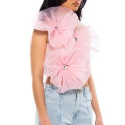 BLOSSOM TEXTURED FLOWER ONE SHOULDER CROP TOP -helmut shop blossom textured flower one shoulder crop top pink 2 2