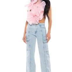 BLOSSOM TEXTURED FLOWER ONE SHOULDER CROP TOP -helmut shop blossom textured flower one shoulder crop top pink 3 3