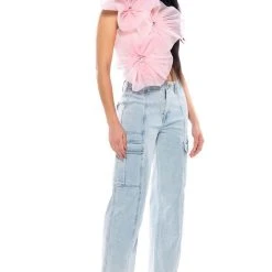 BLOSSOM TEXTURED FLOWER ONE SHOULDER CROP TOP -helmut shop blossom textured flower one shoulder crop top pink 4 4