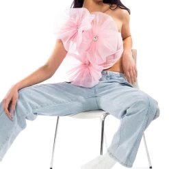 BLOSSOM TEXTURED FLOWER ONE SHOULDER CROP TOP -helmut shop blossom textured flower one shoulder crop top pink 5 5