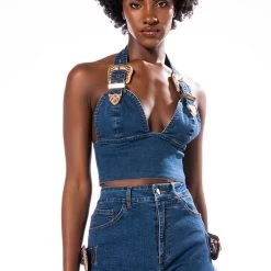 BLUE JEAN BABY BUCKLE HALTER CROP TOP -helmut shop blue jean baby buckle halter crop top medium blue denim 2 2 c1