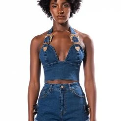 BLUE JEAN BABY BUCKLE HALTER CROP TOP -helmut shop blue jean baby buckle halter crop top medium blue denim 4 4 c1