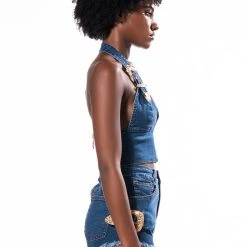 BLUE JEAN BABY BUCKLE HALTER CROP TOP -helmut shop blue jean baby buckle halter crop top medium blue denim 5 5 c1