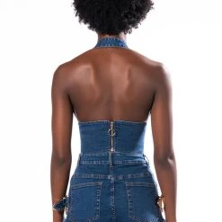 BLUE JEAN BABY BUCKLE HALTER CROP TOP -helmut shop blue jean baby buckle halter crop top medium blue denim 6 6 c1