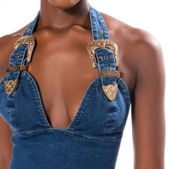 BLUE JEAN BABY BUCKLE HALTER CROP TOP -helmut shop blue jean baby buckle halter crop top medium blue denim 7 7 c1