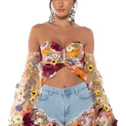 BOTANICAL BEAUTY CROPPED SHEER SLEEVE TOP -helmut shop botanical beauty cropped sheer sleeve top nude 2 2