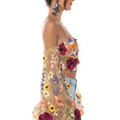 BOTANICAL BEAUTY CROPPED SHEER SLEEVE TOP -helmut shop botanical beauty cropped sheer sleeve top nude 5 5