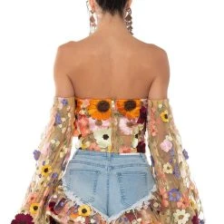 BOTANICAL BEAUTY CROPPED SHEER SLEEVE TOP -helmut shop botanical beauty cropped sheer sleeve top nude 6 6