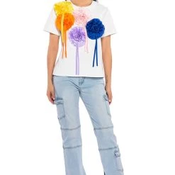 BOUQUET OF FLOWERS FABRIC DETAIL TSHIRT -helmut shop bouquet of flowers fabric detail tshirt white multi 3 3