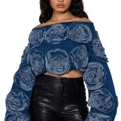 BOUQUET WISHES DENIM OFF THE SHOULDER SWEATSHIRT