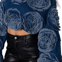 BOUQUET WISHES DENIM OFF THE SHOULDER SWEATSHIRT -helmut shop bouquet wishes denim off the shoulder sweatshirt medium blue denim 7 7