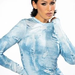 ITS THE DENIM FOR ME MOCK NECK TOP -helmut shop britt denim look mesh top blue multi 2 2