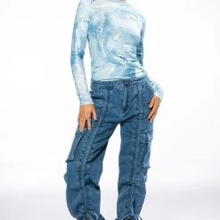 ITS THE DENIM FOR ME MOCK NECK TOP -helmut shop britt denim look mesh top blue multi 3 3