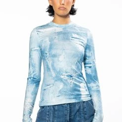 ITS THE DENIM FOR ME MOCK NECK TOP -helmut shop britt denim look mesh top blue multi 5 5