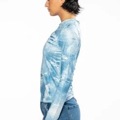 ITS THE DENIM FOR ME MOCK NECK TOP -helmut shop britt denim look mesh top blue multi 6 6