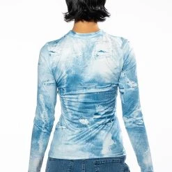 ITS THE DENIM FOR ME MOCK NECK TOP -helmut shop britt denim look mesh top blue multi 7 7