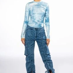 ITS THE DENIM FOR ME MOCK NECK TOP -helmut shop britt denim look mesh top blue multi 9 9