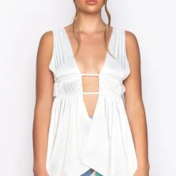 GOING OUT TONIGHT DEEP V SLEEVELESS BLOUSE -helmut shop brittany deep v sleeveless blouse white 3 3