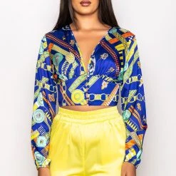 BRUNCH QUEEN DEEP V BUTTON UP BLOUSE -helmut shop brunch queen deep v button up blouse blue multi 3 3
