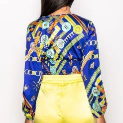 BRUNCH QUEEN DEEP V BUTTON UP BLOUSE -helmut shop brunch queen deep v button up blouse blue multi 5 5