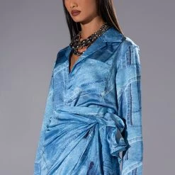 CALL IT WHAT YOU WANT DENIM PRINT BUTTON DOWN AND WRAP SKIRT SET -helmut shop call it what you want denim print button down and wrap skirt set blue 4 4