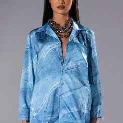 CALL IT WHAT YOU WANT DENIM PRINT BUTTON DOWN AND WRAP SKIRT SET -helmut shop call it what you want denim print button down and wrap skirt set blue 5 5