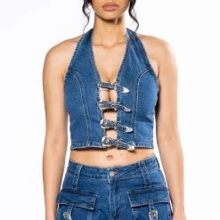 CALYPSO DENIM HALTER NECK TOP -helmut shop calypso denim halter neck top dark blue 3 3