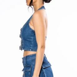CALYPSO DENIM HALTER NECK TOP -helmut shop calypso denim halter neck top dark blue 4 4