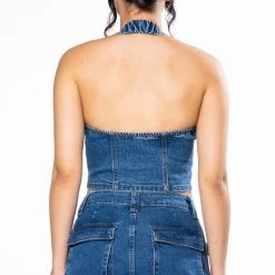 CALYPSO DENIM HALTER NECK TOP -helmut shop calypso denim halter neck top dark blue 5 5