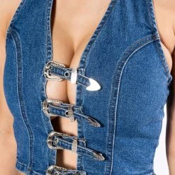 CALYPSO DENIM HALTER NECK TOP -helmut shop calypso denim halter neck top dark blue 6 6