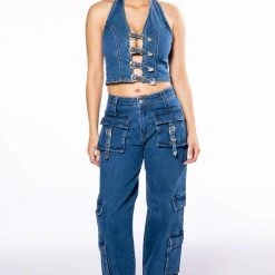 CALYPSO DENIM HALTER NECK TOP -helmut shop calypso denim halter neck top dark blue 7 7