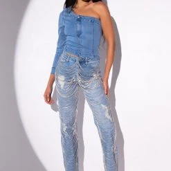 CAN'T DENY ONE SLEEVE DENIM TOP -helmut shop cant deny one sleeve denim top medium blue denim 2 2