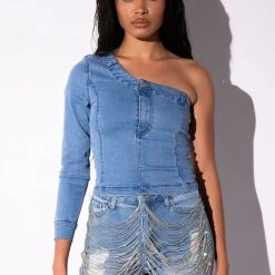 CAN'T DENY ONE SLEEVE DENIM TOP -helmut shop cant deny one sleeve denim top medium blue denim 3 3