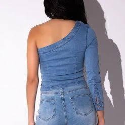 CAN'T DENY ONE SLEEVE DENIM TOP -helmut shop cant deny one sleeve denim top medium blue denim 6 6