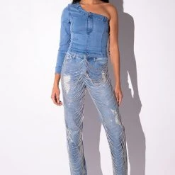 CAN'T DENY ONE SLEEVE DENIM TOP -helmut shop cant deny one sleeve denim top medium blue denim 7 7