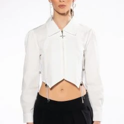 CARRIED AWAY RUCHED CROP ZIPPER BLOUSE -helmut shop carried away cropped button down top white 5 5