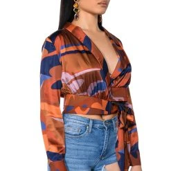 CASABLANCA SATIN PRINTED BLOUSE -helmut shop casablanca satin printed blouse brown multi 2 2