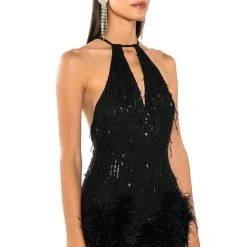 CAT'S MEOW SEQUIN FRINGE FEATHER TRIM ROMPER -helmut shop cats meow sequin fringe feather trim romper black 2 2 c1 c1
