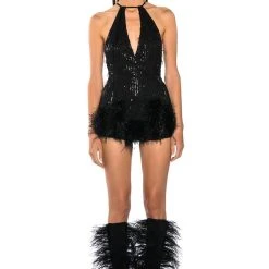 CAT'S MEOW SEQUIN FRINGE FEATHER TRIM ROMPER -helmut shop cats meow sequin fringe feather trim romper black 3 3 c1