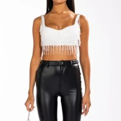 CHA CHA SLIDE BEADED CROP TOP -helmut shop cha cha slide beaded crop top white 3 3
