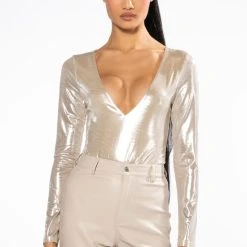 CHAMPAGNE SHOWERS METALLIC BODYSUIT -helmut shop champagne showers metallic bodysuit champagne 3 3
