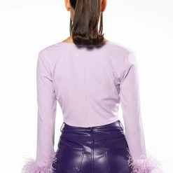 DIVA MOMENT TIE FRONT FEATHER CUFF LONG SLEEVE TOP -helmut shop cher tie front feather cuff long sleeve top light purple 5 5