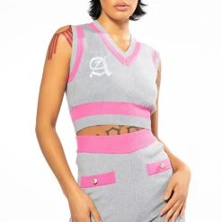 COLLEGIATE SO STUDIOUS CROPPED SLEEVELESS SWEATER -helmut shop collegiate so studious cropped sleeveless sweater grey multi 2 2 c1