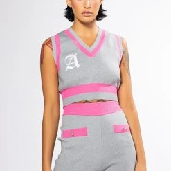 COLLEGIATE SO STUDIOUS CROPPED SLEEVELESS SWEATER -helmut shop collegiate so studious cropped sleeveless sweater grey multi 4 4